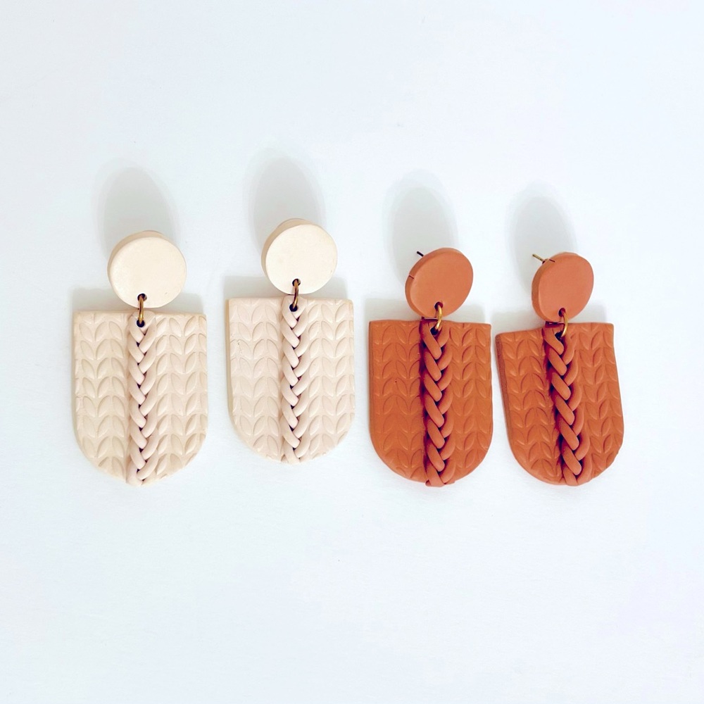 Lot of 2 Pairs Polymer Clay Earrings Sweater Weather in Ecru and warm Brown
